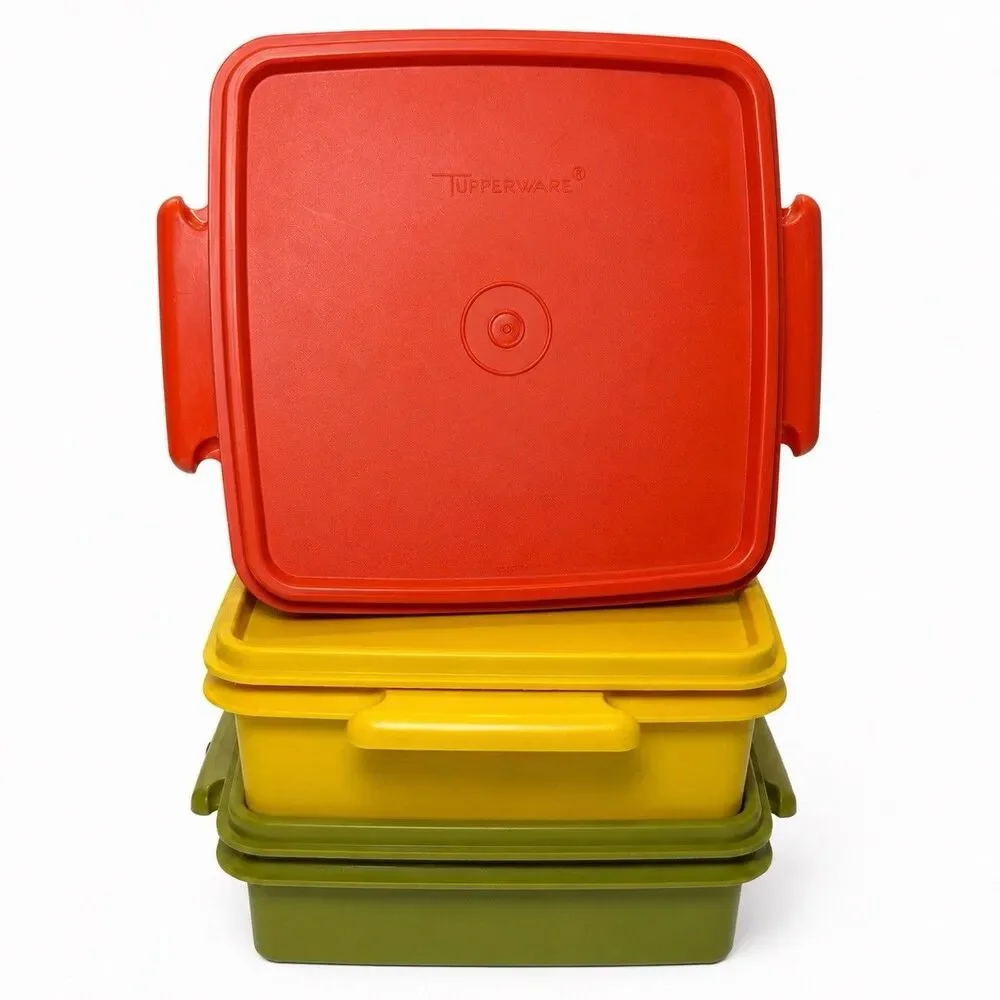 Vintage Tupperware Storage Containers Set 3 Harvest Colors Lids Handles USA